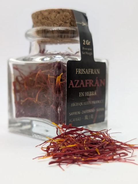 Azafrán en bote de la marca Frisafran, hebras rojas.