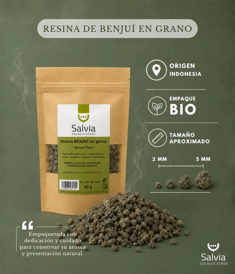 información sobre paquete bio y tamaño de la resina de benjuí en grano