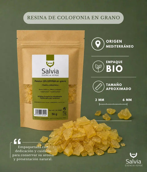 información sobre paquete bio y tamaño de la resina de colofonia en grano
