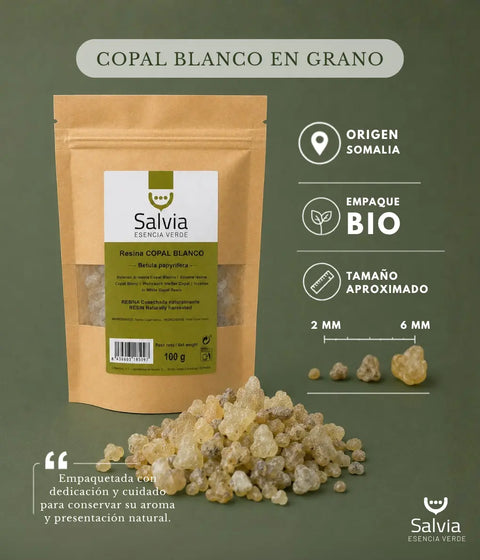 información sobre paquete bio y tamaño de la resina de copal blanco en grano