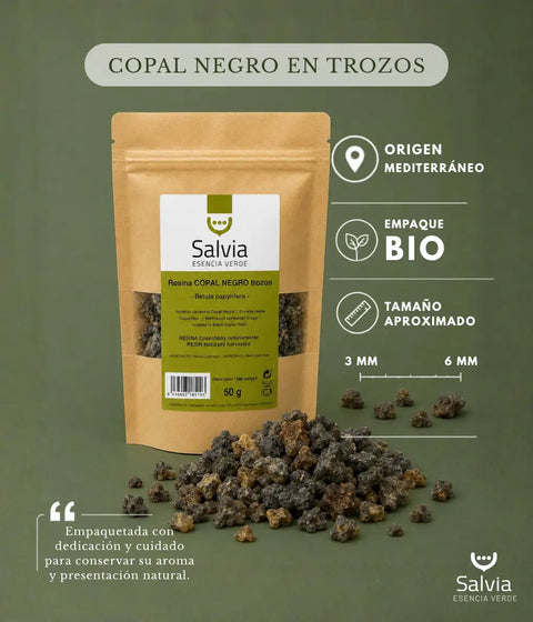 información sobre paquete bio y tamaño de la resina copal negro en trozos