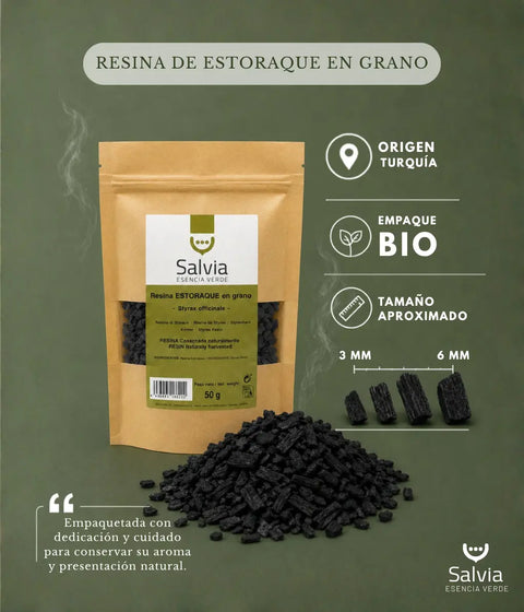 información sobre paquete bio y tamaño de la resina de estoraque en grano