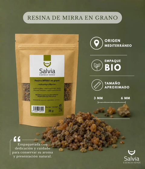 información sobre paquete bio y tamaño de la resina de mirra en grano