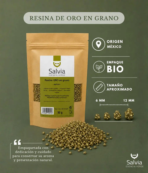 información sobre paquete bio y tamaño de la resina oro en grano