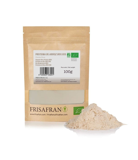Proteína de arroz en polvo ecológica, presentación de 100 gramos