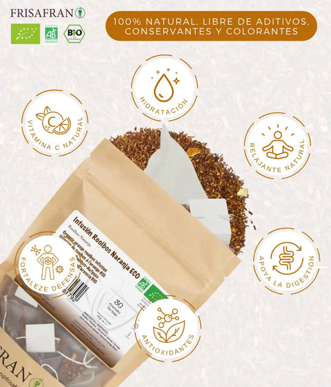 Infusión rooibos con naranja de frisafran, formato en bolsitas ecológicas