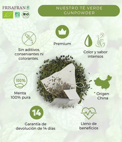 Té verde gunpowder ecológico de Frisafran, formato en pirámides